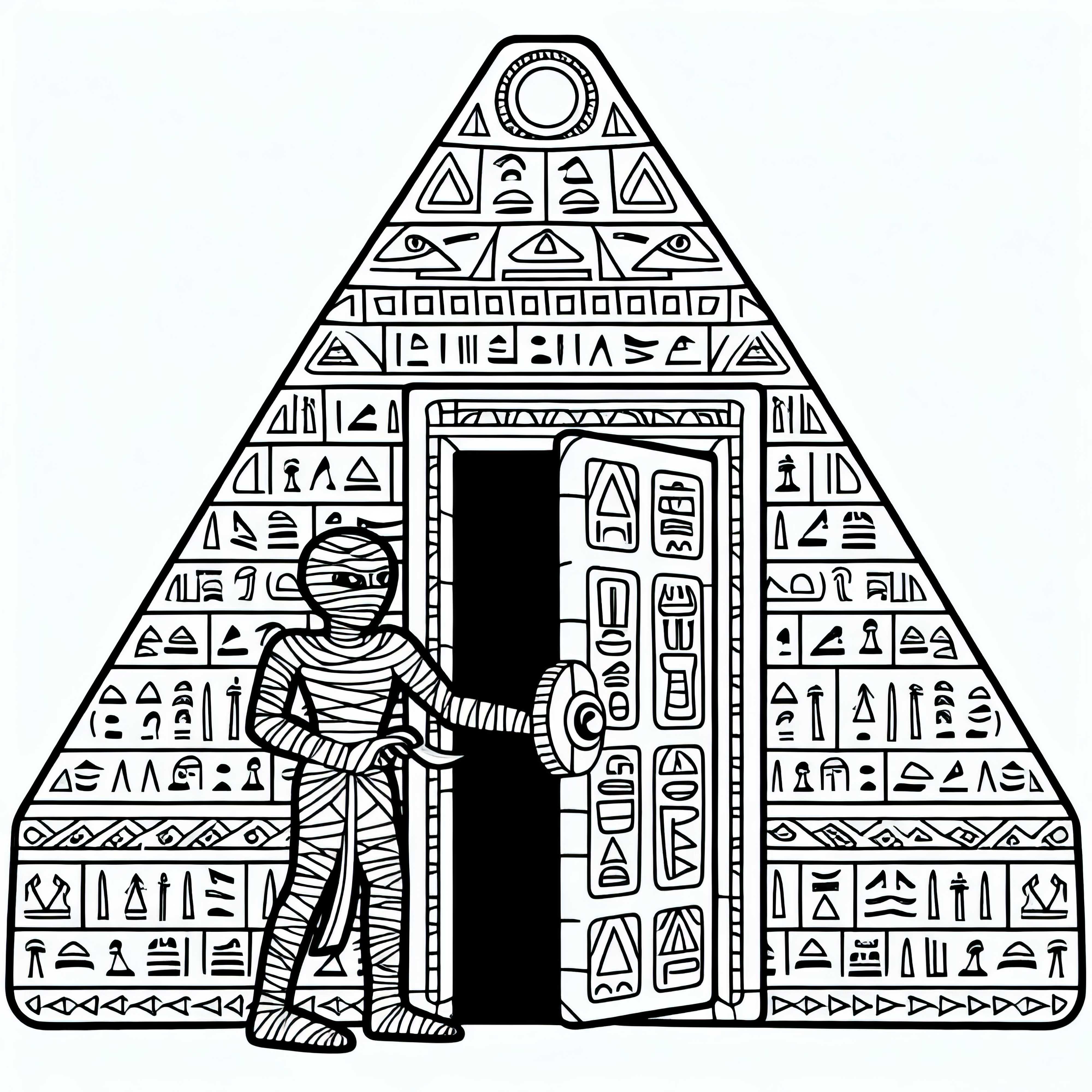 La momie ouvre une ancienne porte secrète dans la pyramide avec des hiéroglyphes