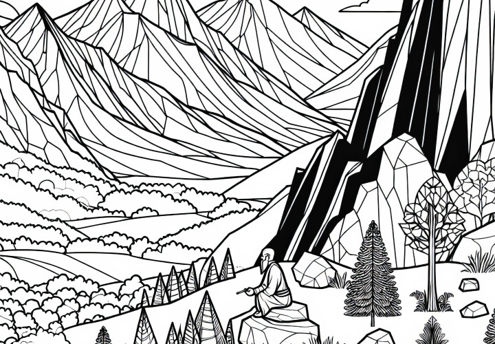 Un géant est assis sur la montagne et observe le paysage – Dessin à colorier gratuit