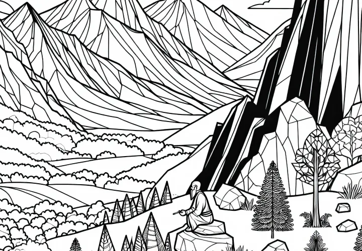 Un géant est assis sur la montagne et observe le paysage – Dessin à colorier gratuit