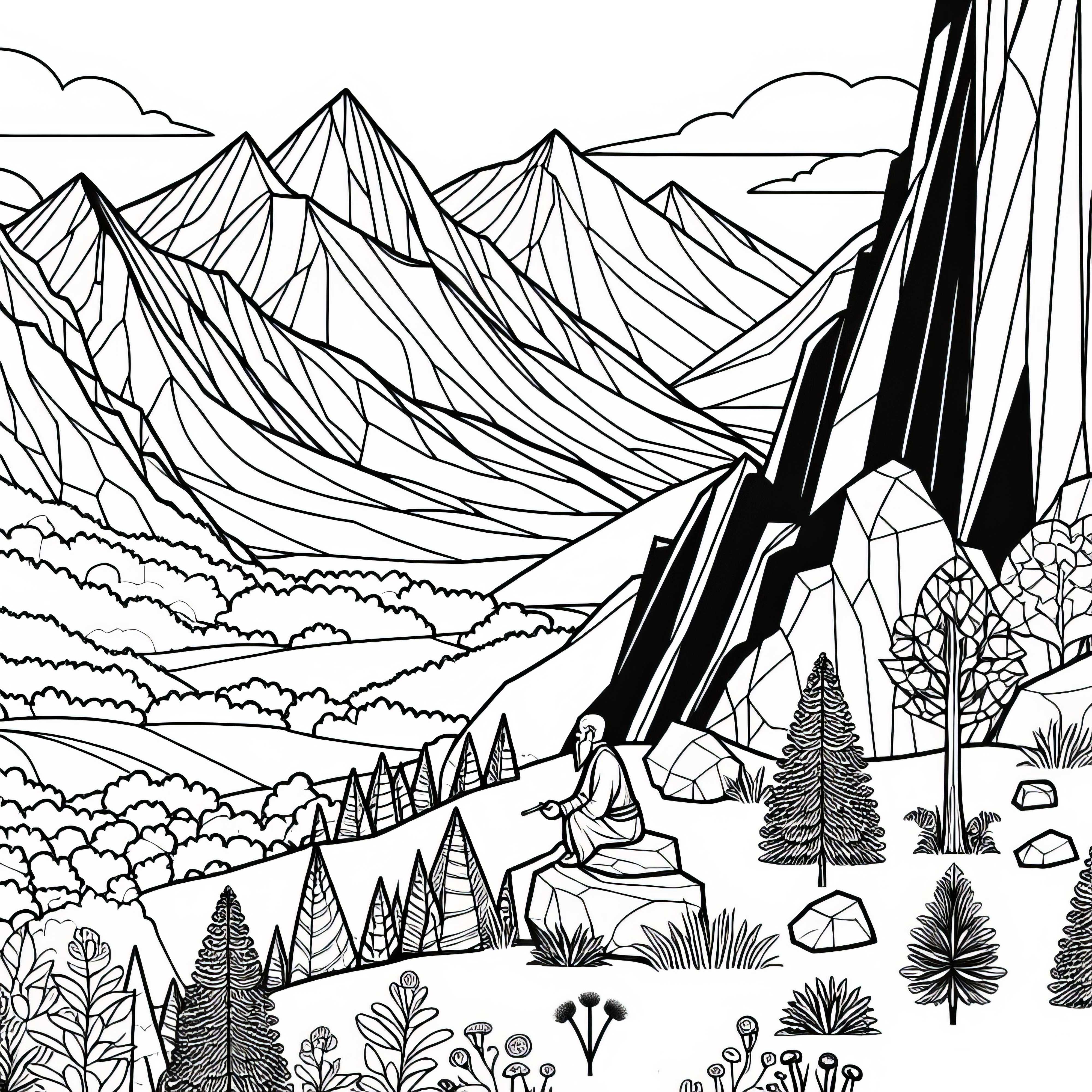 Un géant est assis sur la montagne et observe le paysage - Image à colorier gratuite