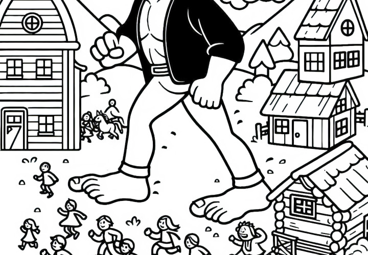 Un géant marche à travers le village pendant que les habitants fuient - Image à colorier gratuite