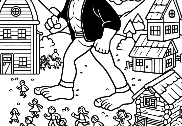 Un géant marche à travers le village pendant que les habitants fuient - Image à colorier gratuite