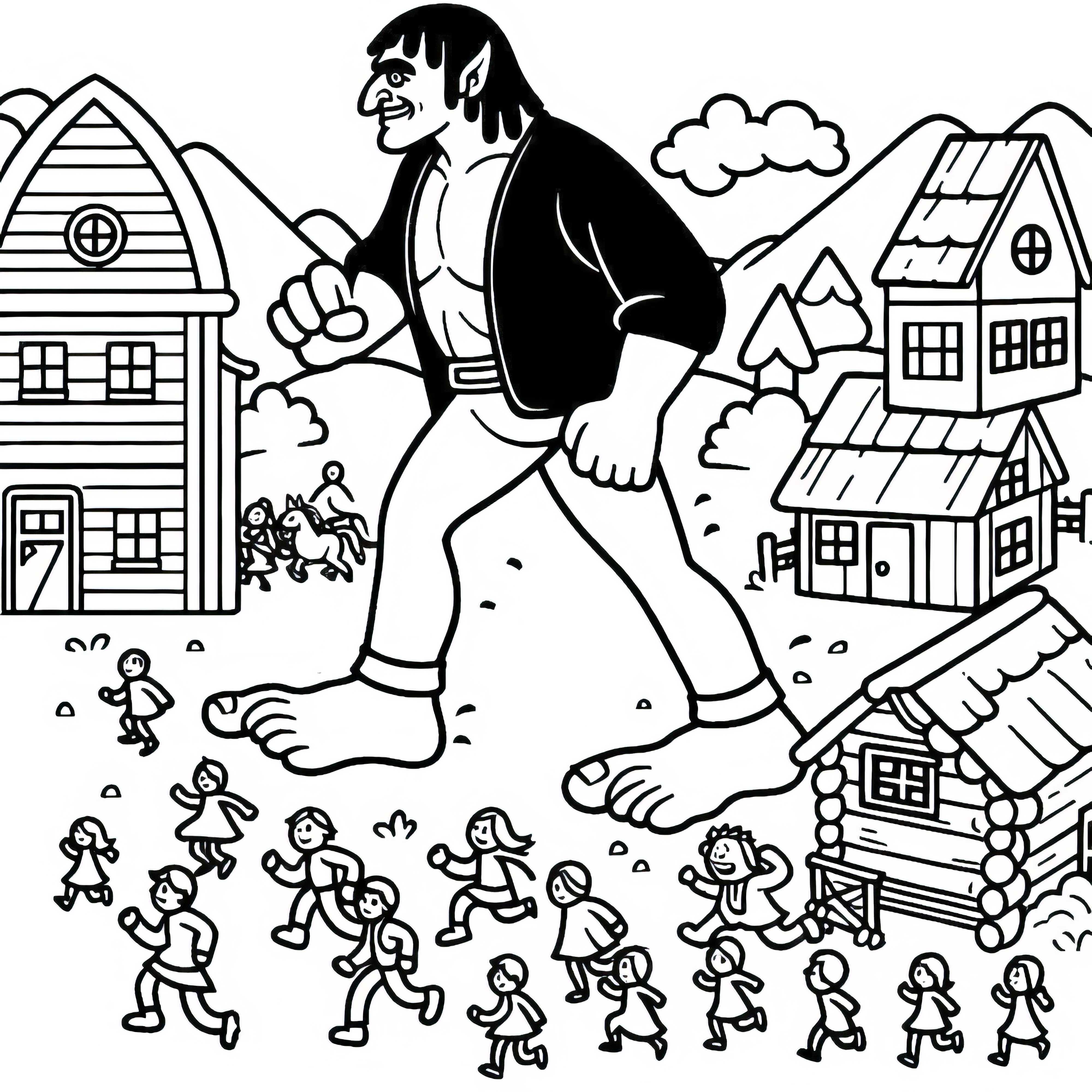 Un géant marche à travers le village pendant que les habitants fuient - Dessin à colorier gratuit