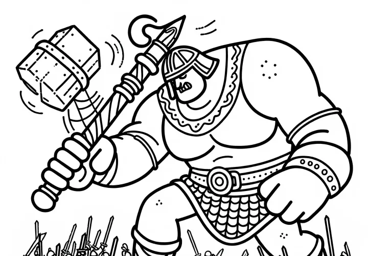Un énorme géant se bat contre un groupe de petits héros avec une massue - Dessin à colorier gratuit