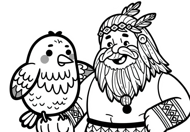 Un géant joue avec un oiseau géant - Dessin à colorier gratuit simple