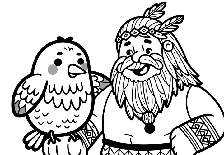 Un géant joue avec un oiseau géant - Dessin à colorier gratuit simple
