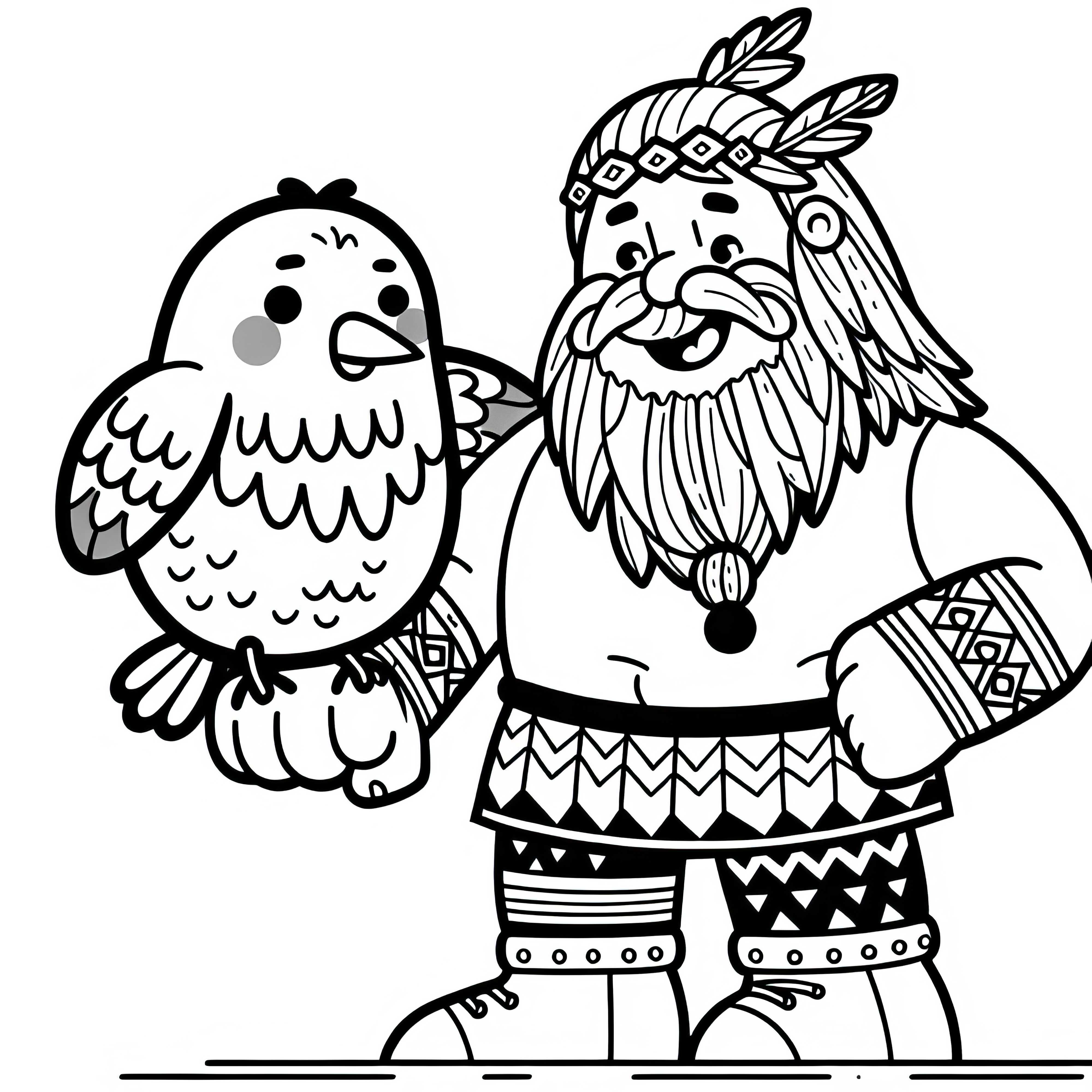 Un géant joue avec un oiseau géant - Dessin à colorier simple gratuit