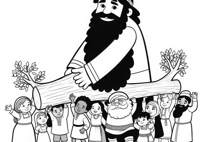 Le géant aide les villageois à soulever un arbre tombé – modèle de coloriage gratuit