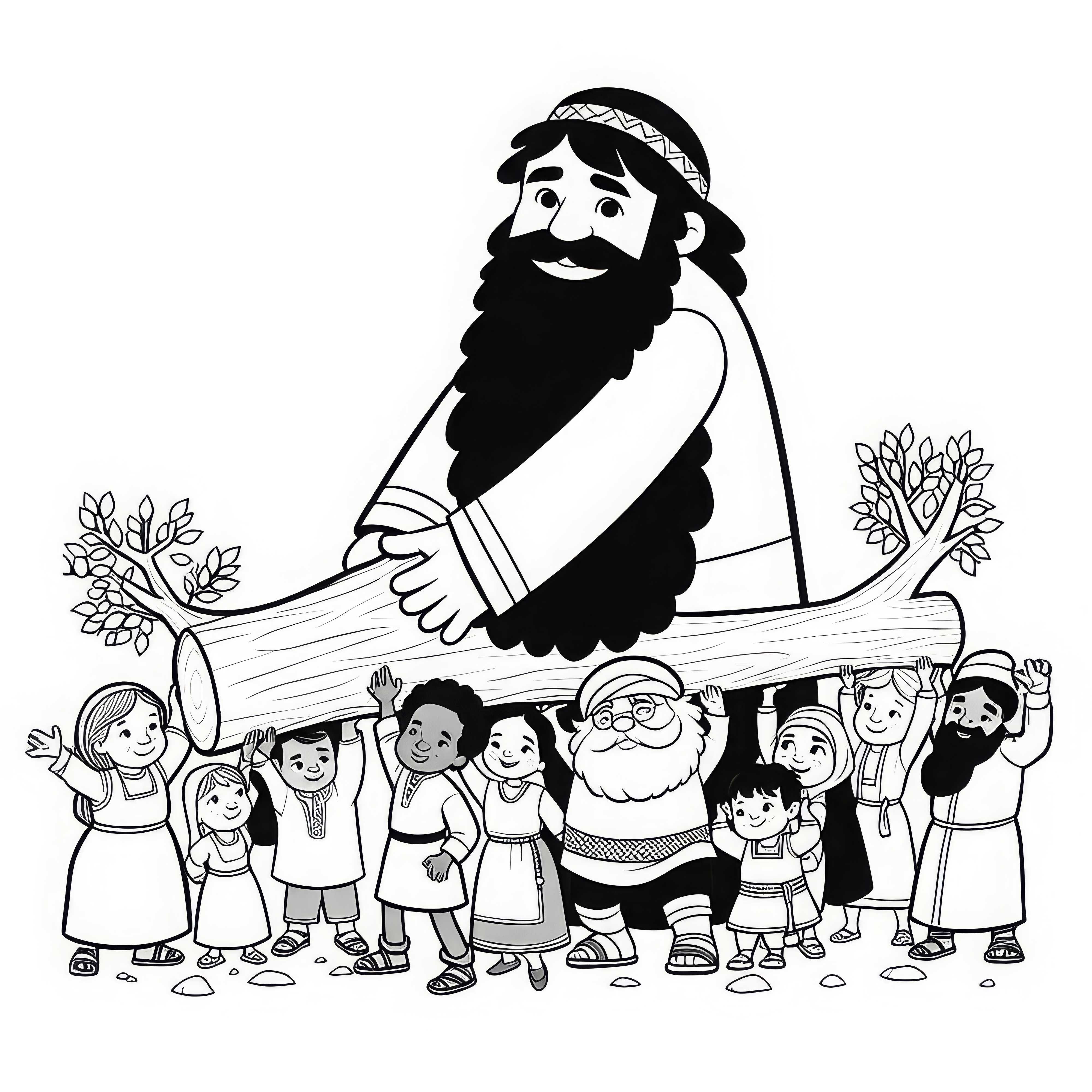 Le géant aide les villageois à soulever un arbre tombé - Modèle de coloriage gratuit