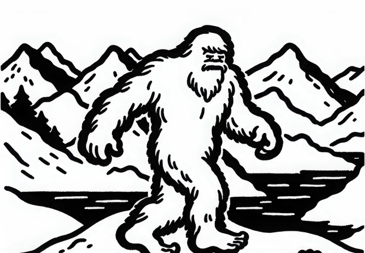 Yeti laisse de grandes empreintes dans la neige au sommet de la montagne - Modèle de coloriage simple gratuit