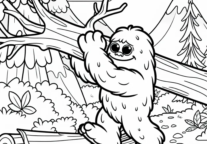 Yeti soulève un arbre tombé pour dégager un chemin – Dessin à colorier gratuit