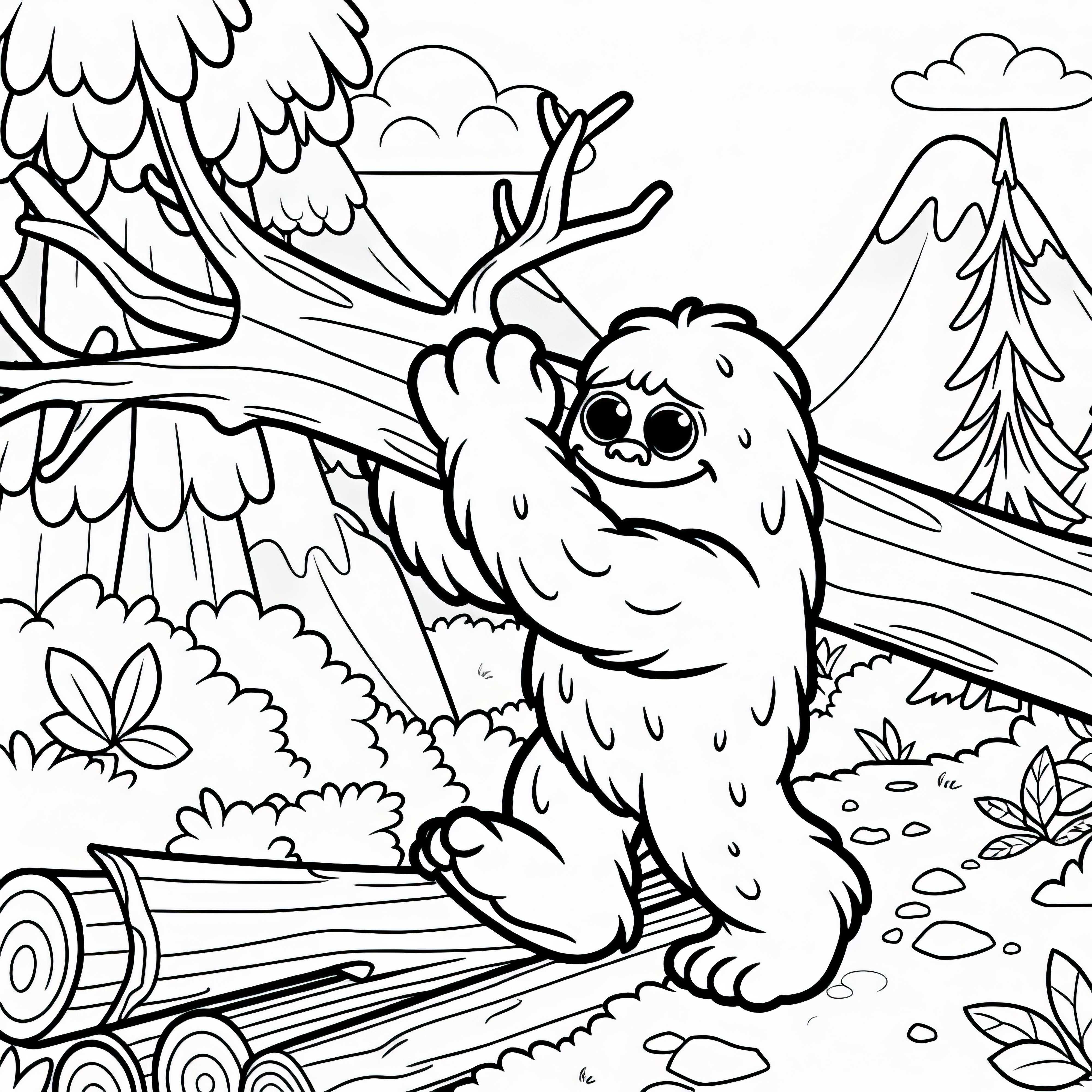 Yeti mengangkat pohon yang jatuh untuk membersihkan jalur - Gambar untuk diwarnai gratis Yeti mengangkat pohon yang jatuh untuk membersihkan jalan - Template mewarnai gratis