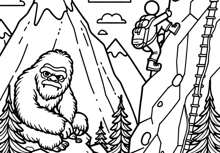 Yeti mengamati pendaki gunung - Unduh gratis template mewarnai