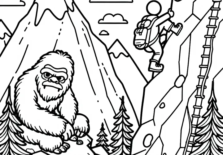 Yeti observe des alpinistes – Télécharger gratuitement le coloriage