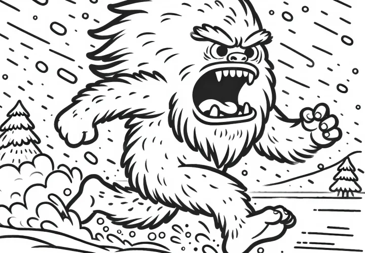 Le yéti chasse à travers la tempête de neige et rugit fort - Dessin à colorier gratuit
