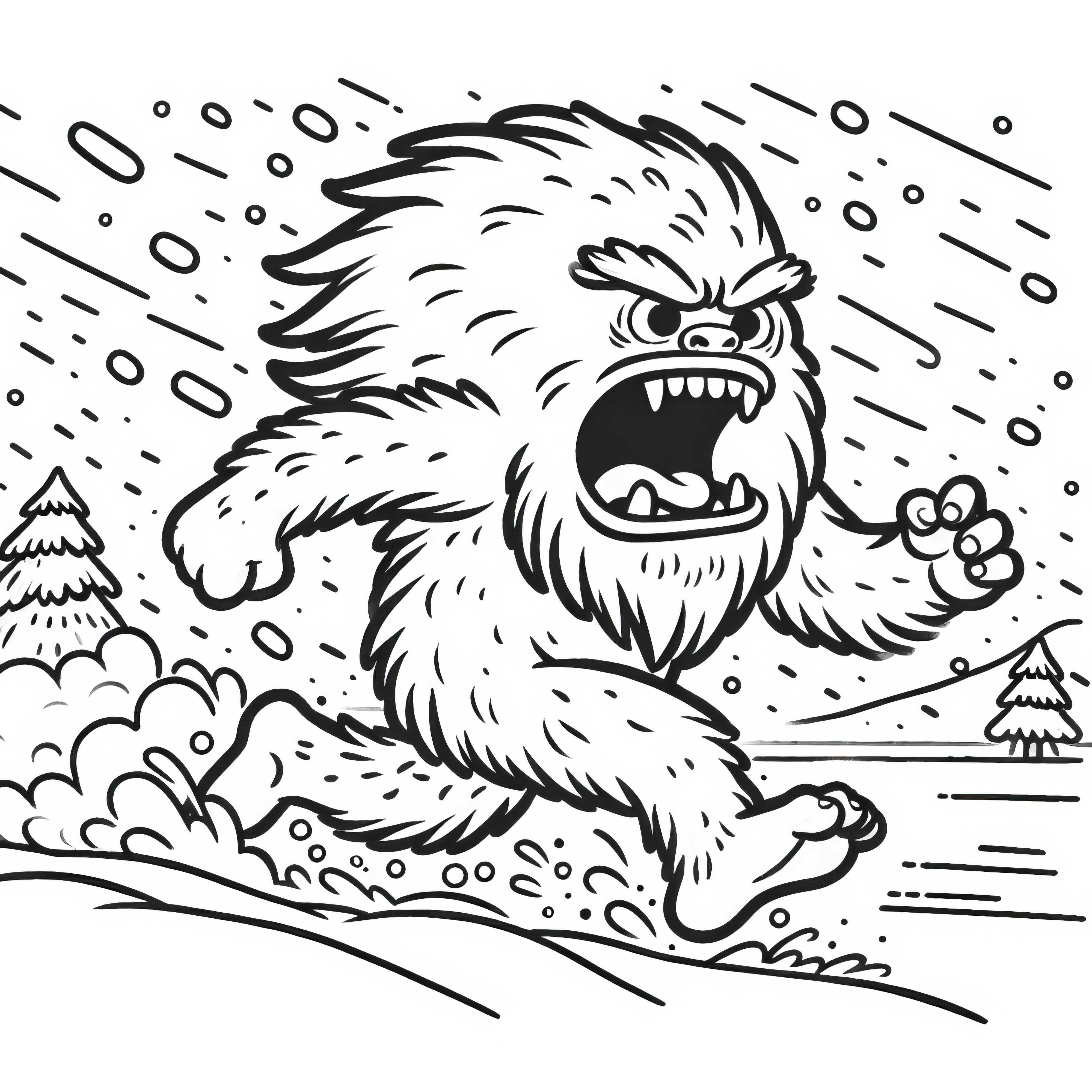 Yeti berburu di tengah badai salju dan mengaum dengan keras - Gambar untuk diwarnai gratis