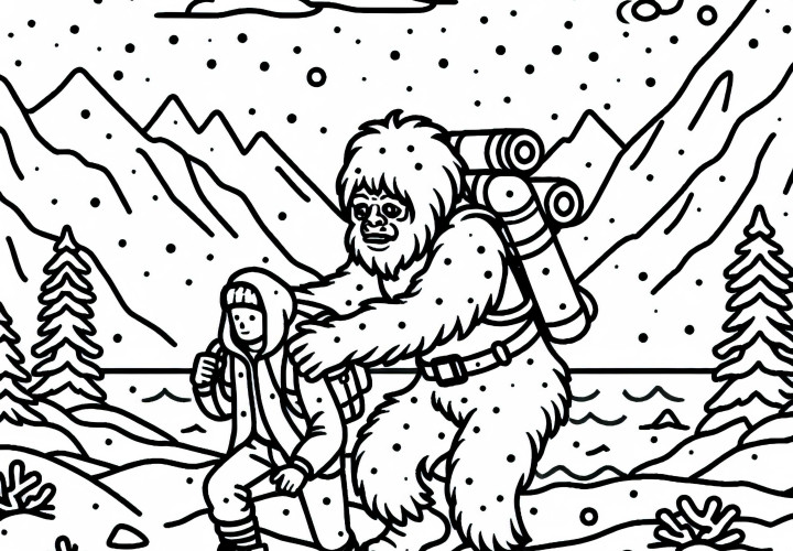 Yeti aide un alpiniste bloqué dans une tempête de neige - Image à colorier gratuite Yeti aide un alpiniste piégé dans une tempête de neige - Dessin à colorier gratuit
