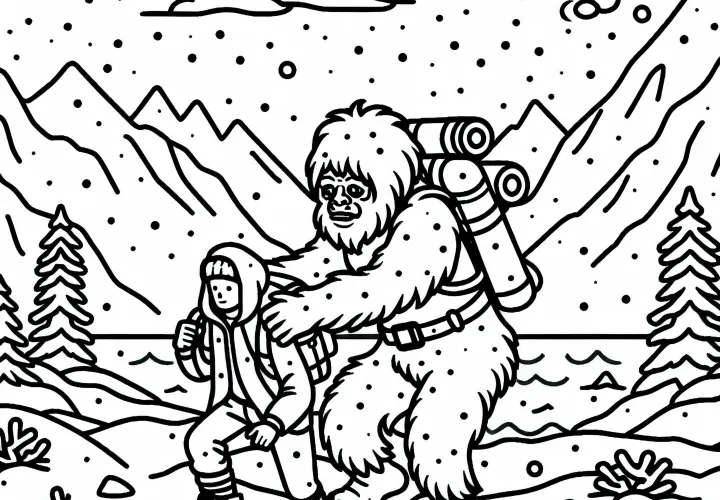 Yeti aide un alpiniste piégé dans une tempête de neige - Dessin à colorier gratuit