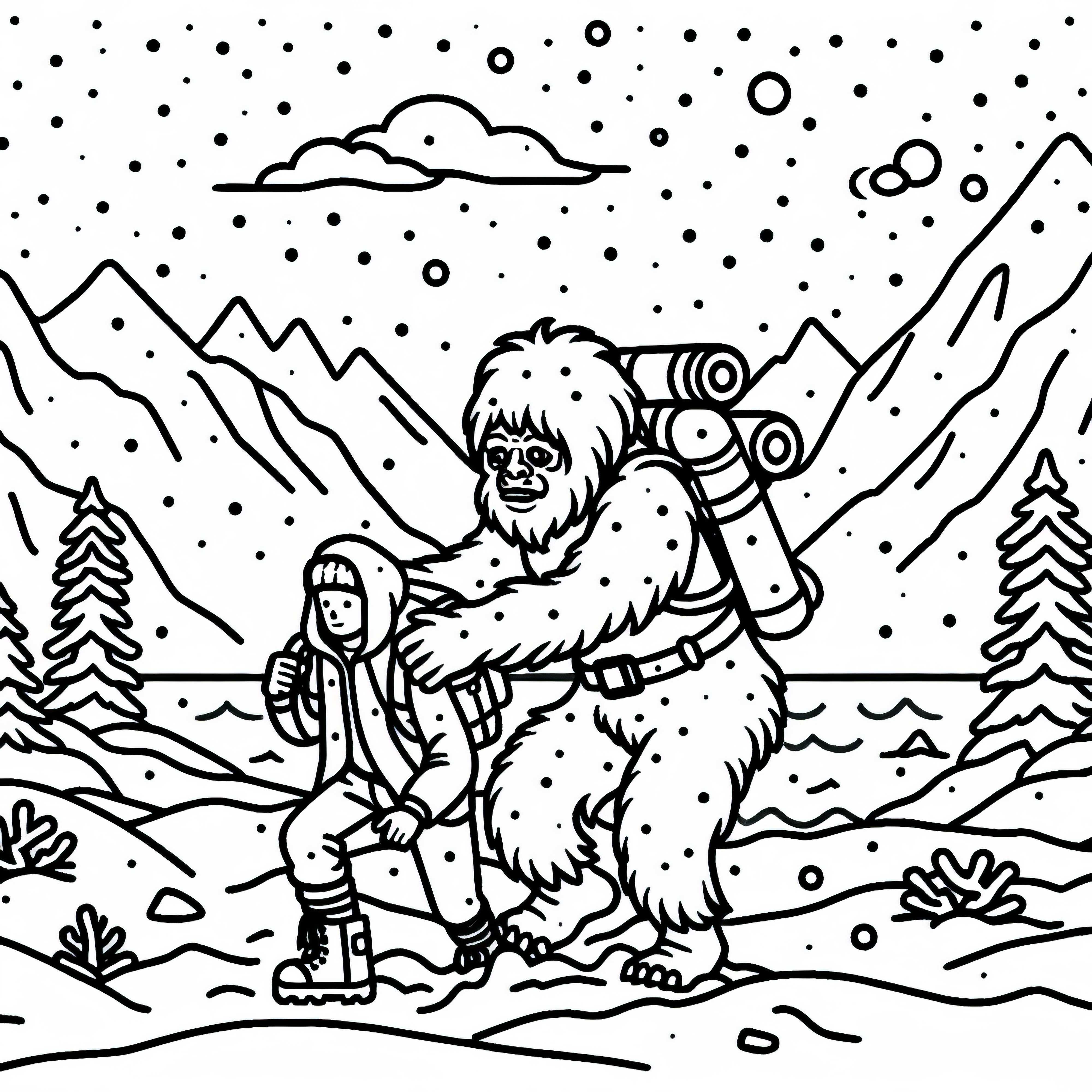 Le Yéti aide un alpiniste bloqué dans une tempête de neige - Dessin à colorier gratuit