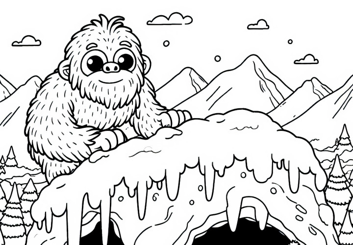 Yeti membangun tempat persembunyian gua salju di puncak yang beku – Gambar untuk diwarnai gratis