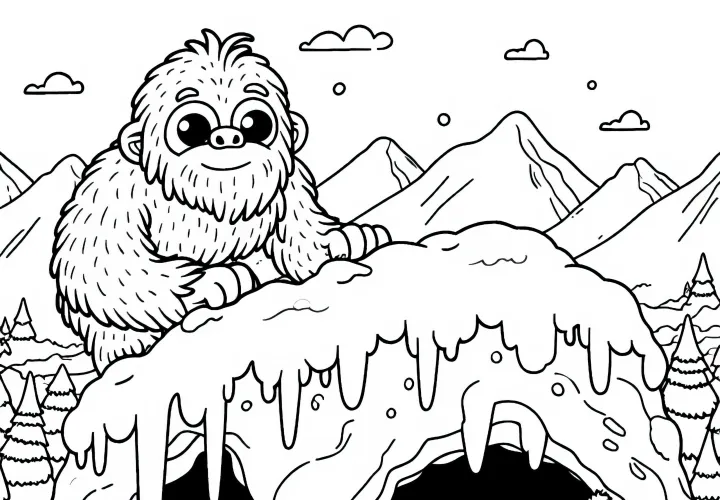 Yéti construit un abri dans la neige sur un sommet glacial – Dessin à colorier gratuit