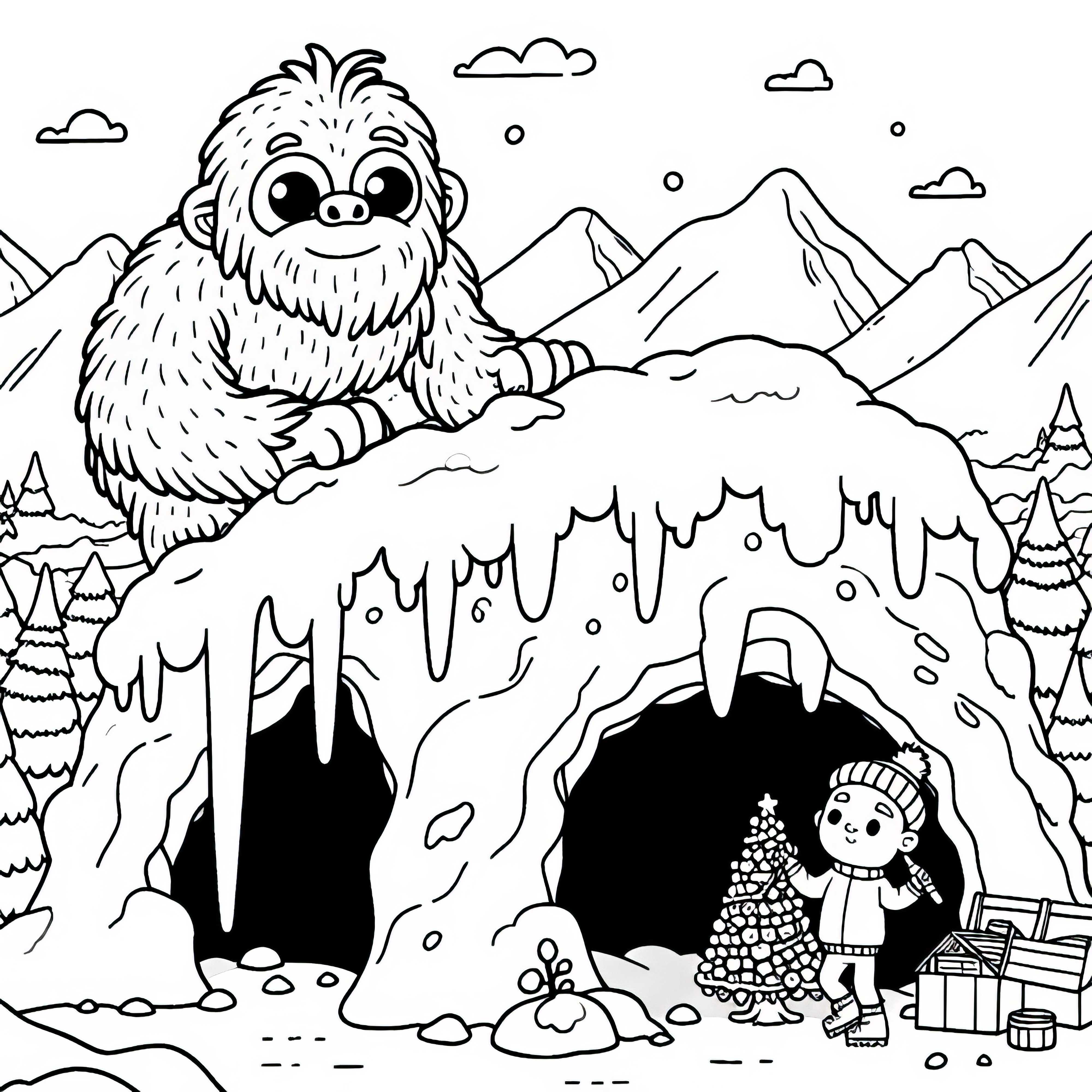 Yeti membangun tempat persembunyian gua salju di puncak es - Gambar mewarnai gratis Yeti membangun tempat persembunyian gua salju di puncak yang membeku - Gambar mewarnai gratis