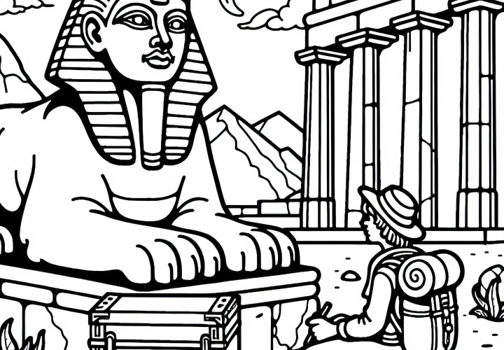 Sphinx menghadapkan para pejalan kaki dengan teka-teki di kuil kuno - Gambar untuk diwarnai gratis