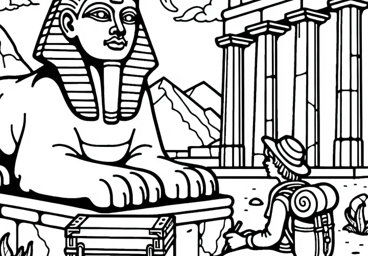 Le Sphinx pose une énigme au voyageur devant un ancien temple - Image à colorier gratuite