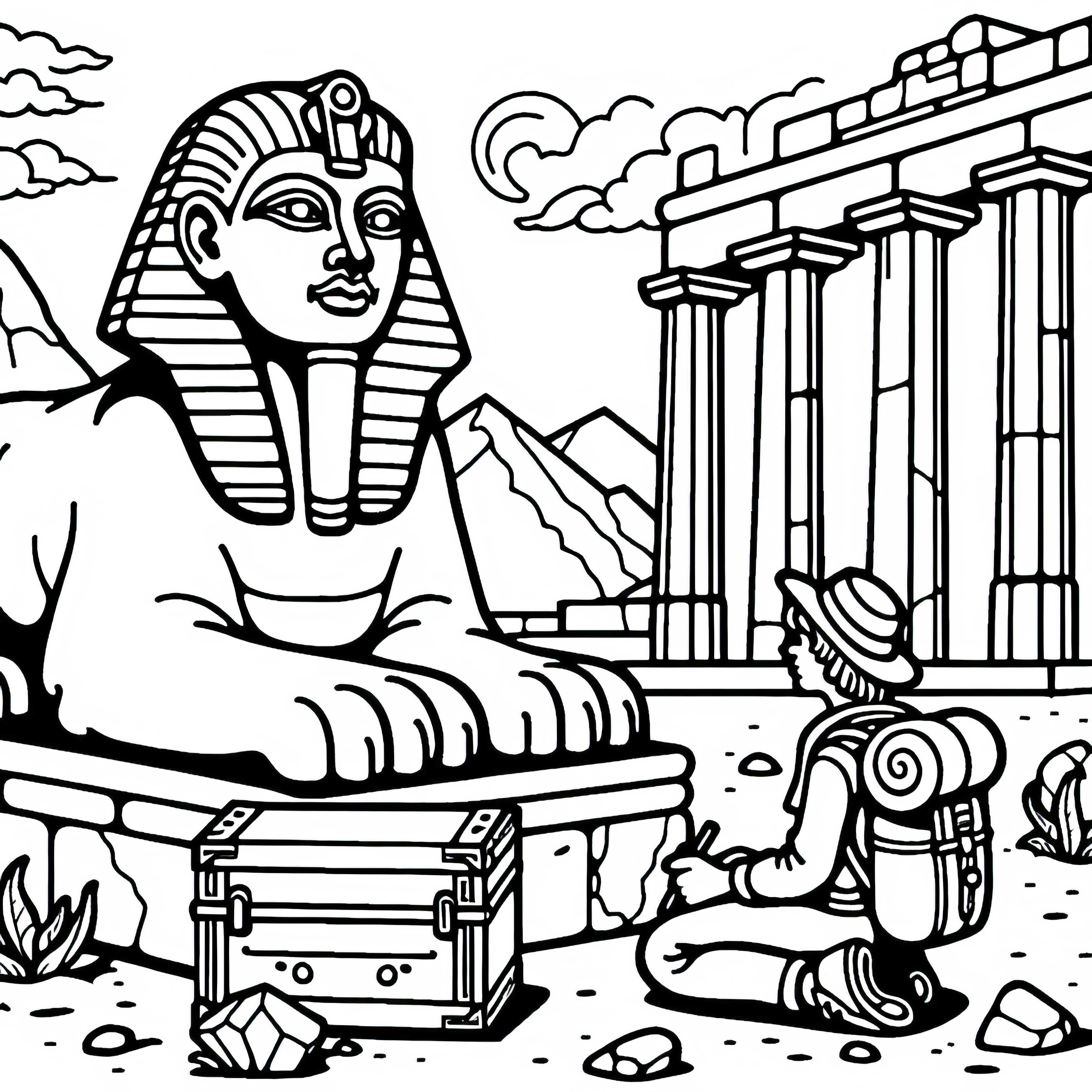 Sphinx menghadirkan teka-teki bagi pejalan kaki di depan kuil tua – Gambar mewarnai gratis