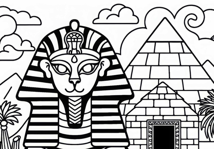 Sphinx menjaga pintu masuk ke sebuah piramida yang misterius – gambar mewarnai gratis
