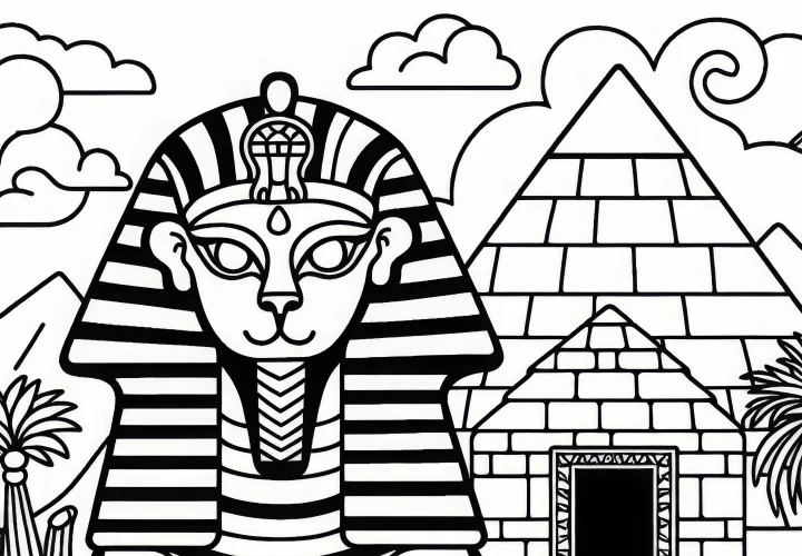 Le sphinx garde l'entrée d'une pyramide mystérieuse – dessin à colorier gratuit