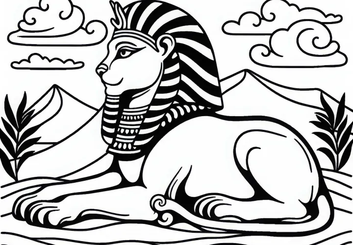 La Sphinx repose majestueusement sur une dune de sable - Dessin à colorier à télécharger gratuitement