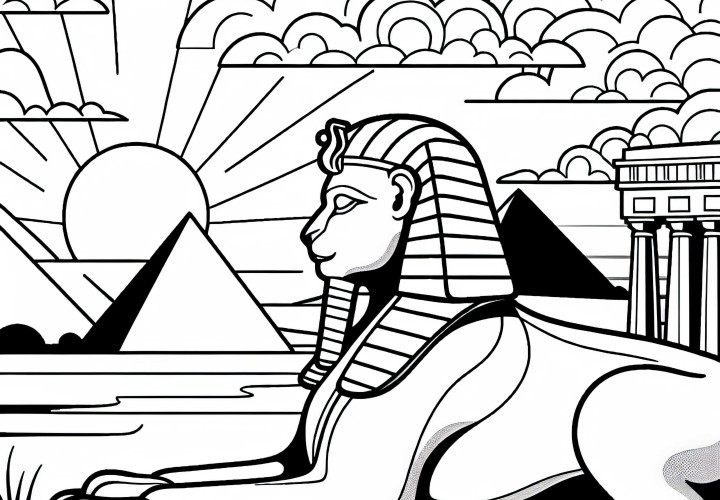 Sphinx berdiri megah di depan kuil saat matahari terbenam di cakrawala - Gambar pewarnaan gratis