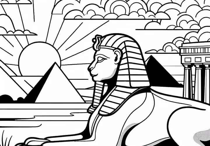 Le Sphinx se dresse majestueusement devant le temple tandis que le soleil se couche à l'horizon - Dessin à colorier gratuit