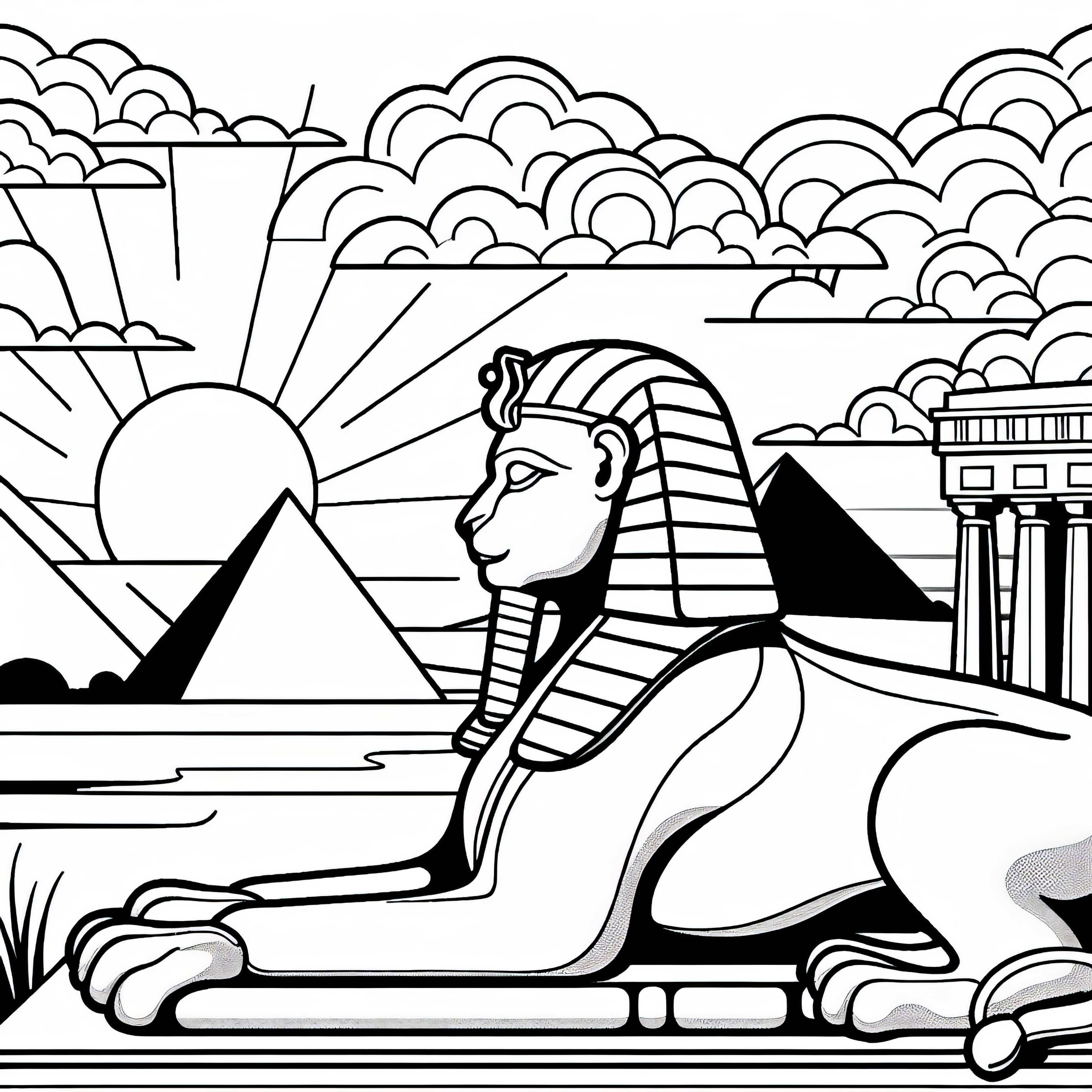 Sphinx terletak megah di depan kuil saat matahari terbenam di cakrawala - Gambaran untuk diwarnai gratis