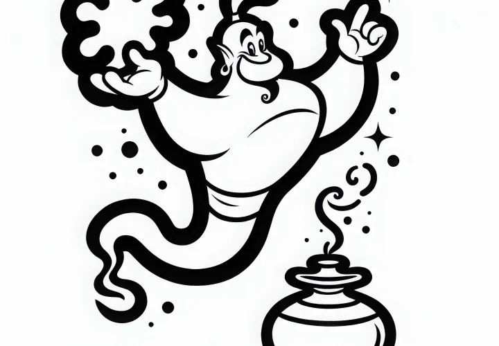 Modèle de coloriage de génie de la bouteille gratuit et facile