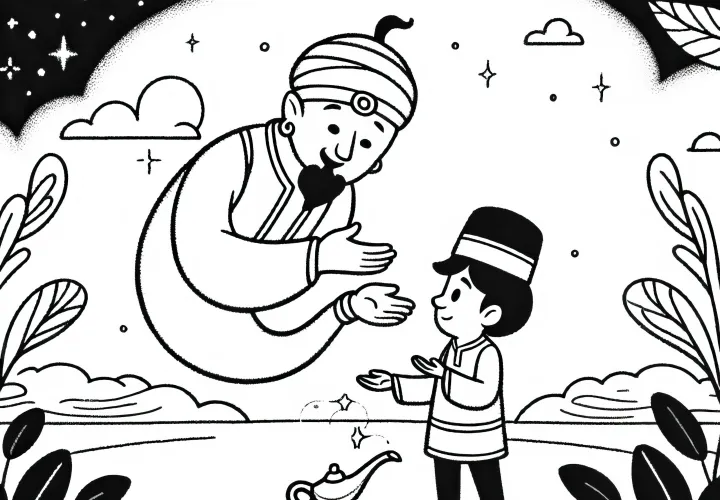 Le génie de la lampe discute avec un homme de son dernier souhait – Modèle de coloriage gratuit