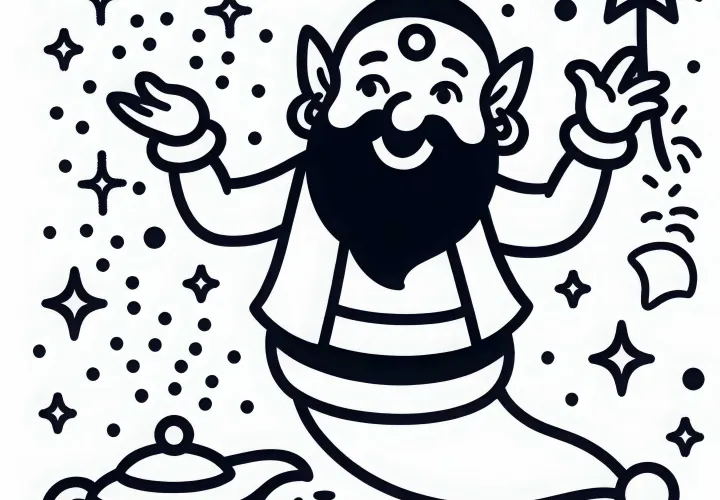 Le génie de la bouteille exécute des sorts et fait apparaître des étoiles scintillantes – Modèle de coloriage gratuit