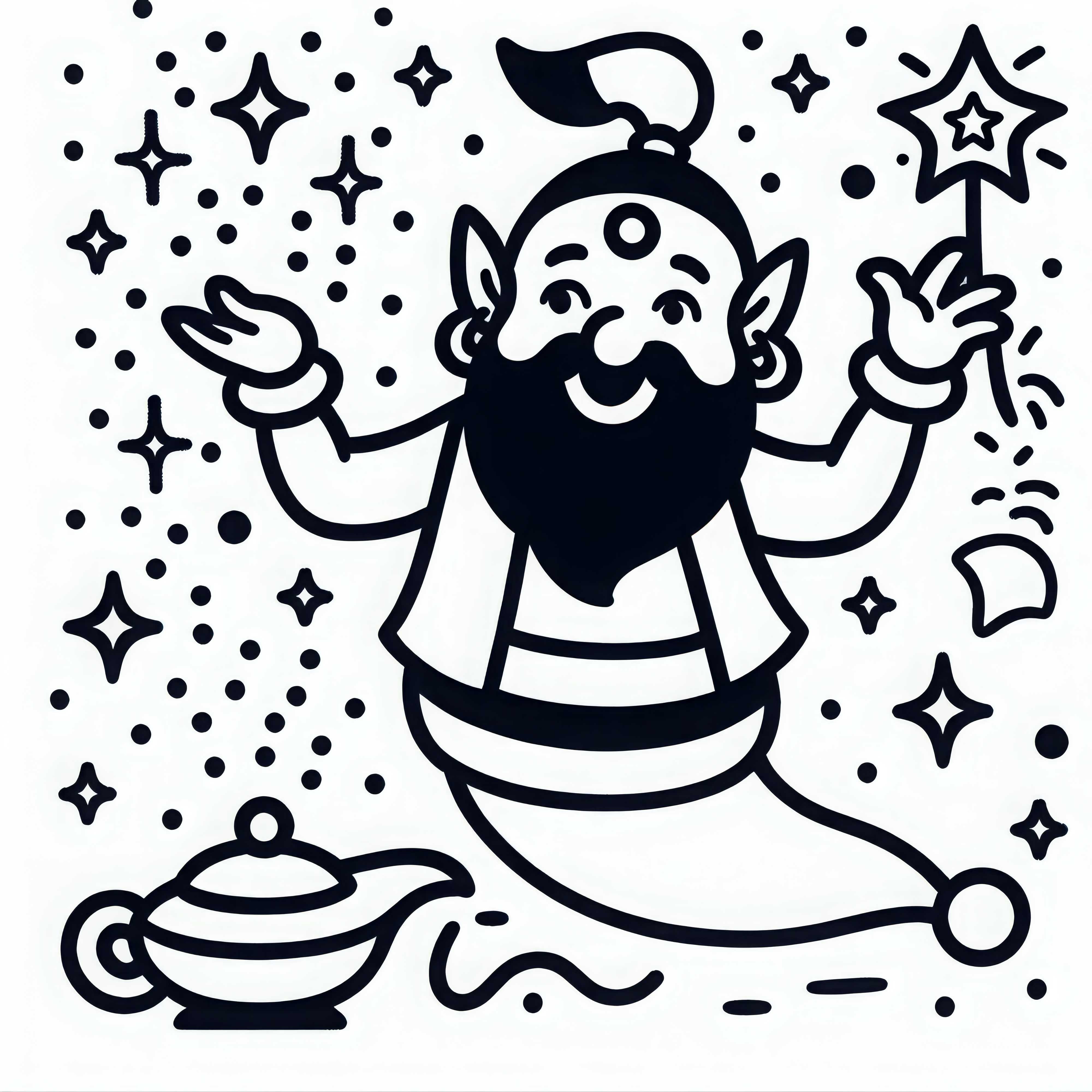 Genio della lampada esegue incantesimi e fa apparire stelle brillanti - Disegno da colorare gratuito