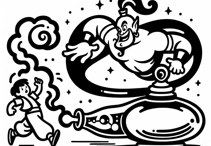 Le génie de la bouteille chasse un intrus de sa bouteille – Dessin à colorier
