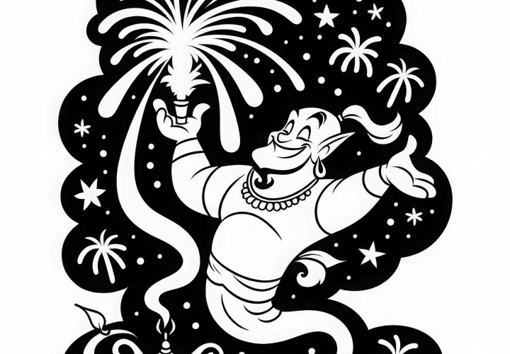 Il genio della bottiglia festeggia la sua libertà con i fuochi d'artificio - Disegno da colorare gratuito da scaricare Il genio della lampada festeggia la sua libertà con fuochi d'artificio – Disegno da colorare gratuito da scaricare