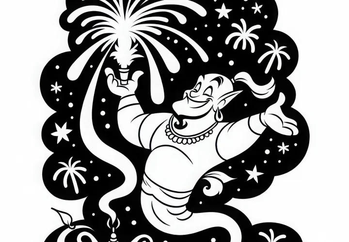 Le génie de la bouteille fête sa liberté avec des feux d'artifice - Dessin à colorier gratuit à télécharger