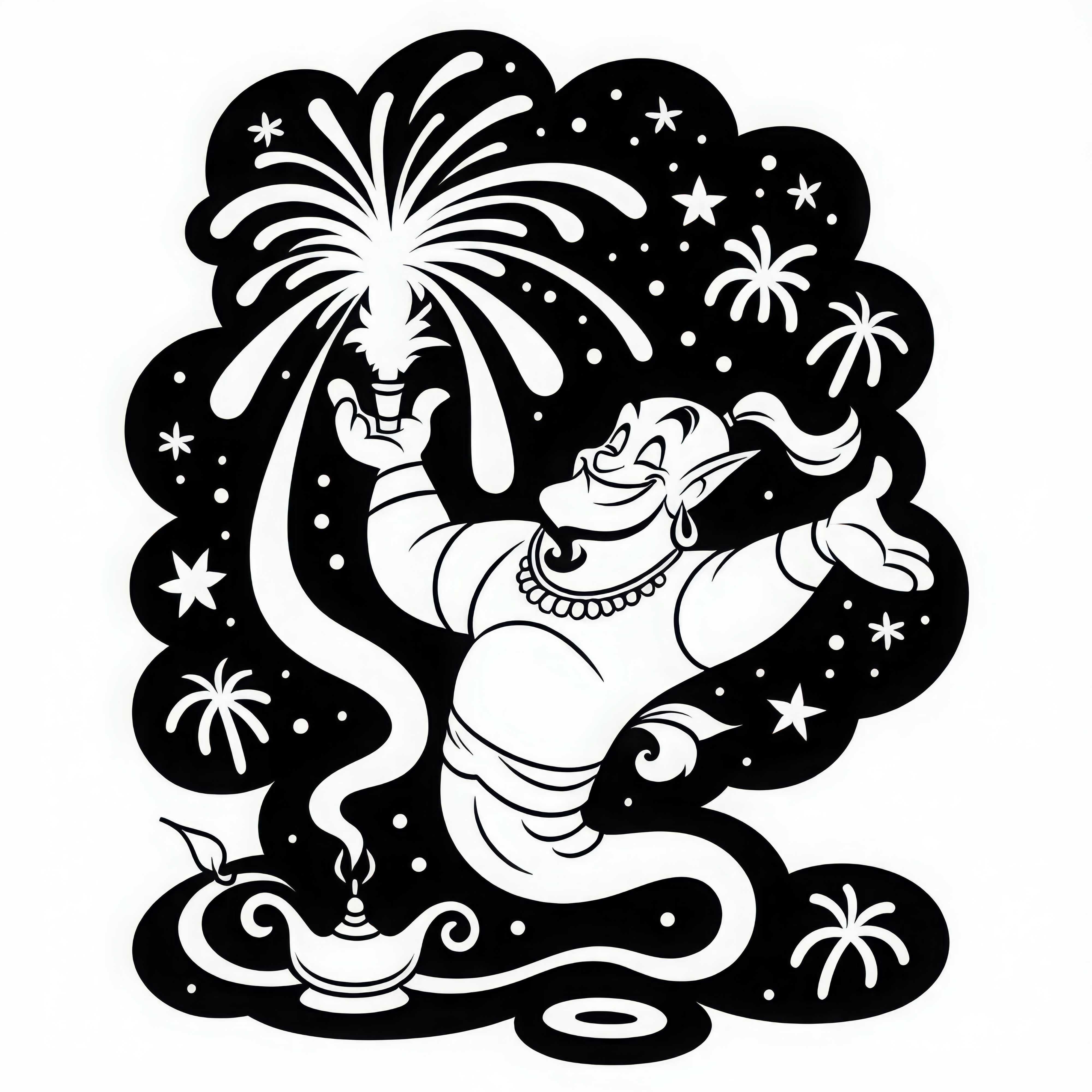 Il genio della bottiglia festeggia la sua libertà con fuochi d'artificio - Disegno da colorare gratuito da scaricare