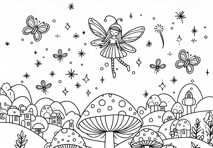 La fata vola sopra il villaggio di funghi, circondata da lucciole: Disegno da colorare gratuito Una fatina vola sopra il paese dei funghi, circondata da lucciole: Immagine da colorare gratuita
