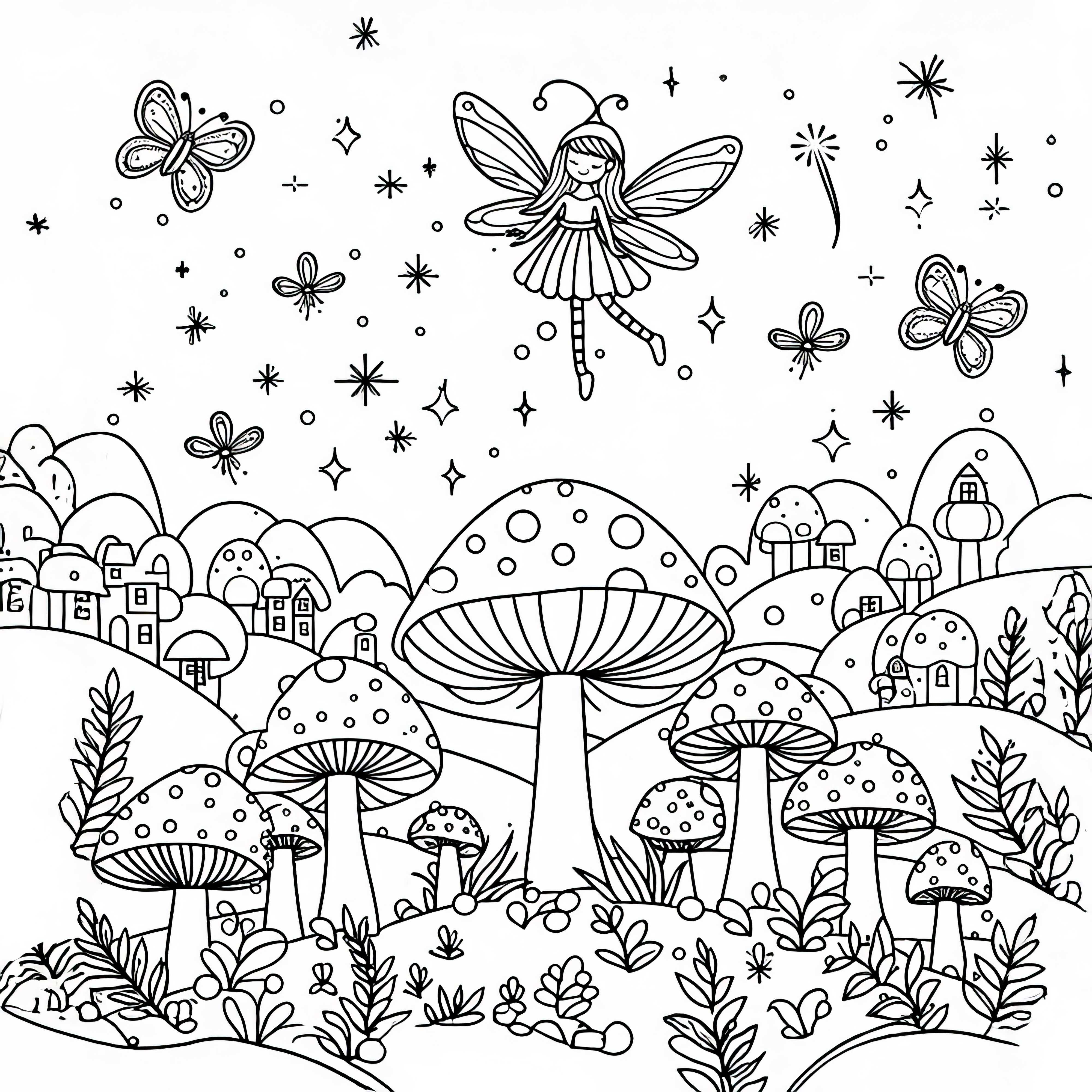 La fata vola sopra il villaggio dei funghi, circondata da lucciole: Disegno da colorare gratuito