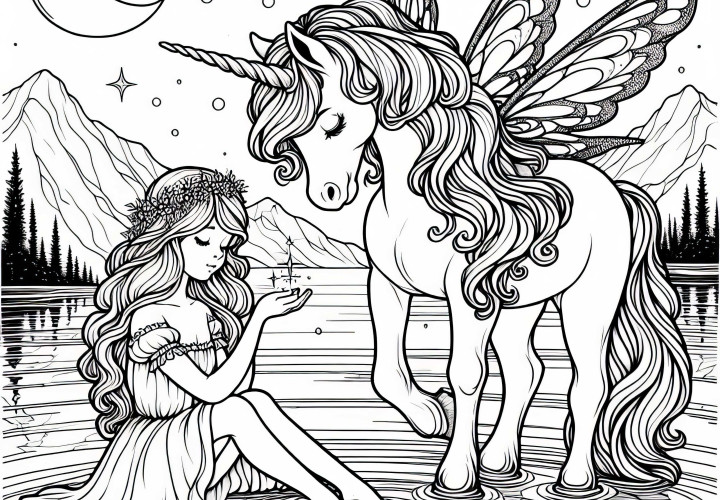 Fee è seduta sulla riva di un misterioso lago con un unicorno: modello da colorare gratuito Fee seduta sulla riva di un lago misterioso con unicorno: Modello da colorare gratuito