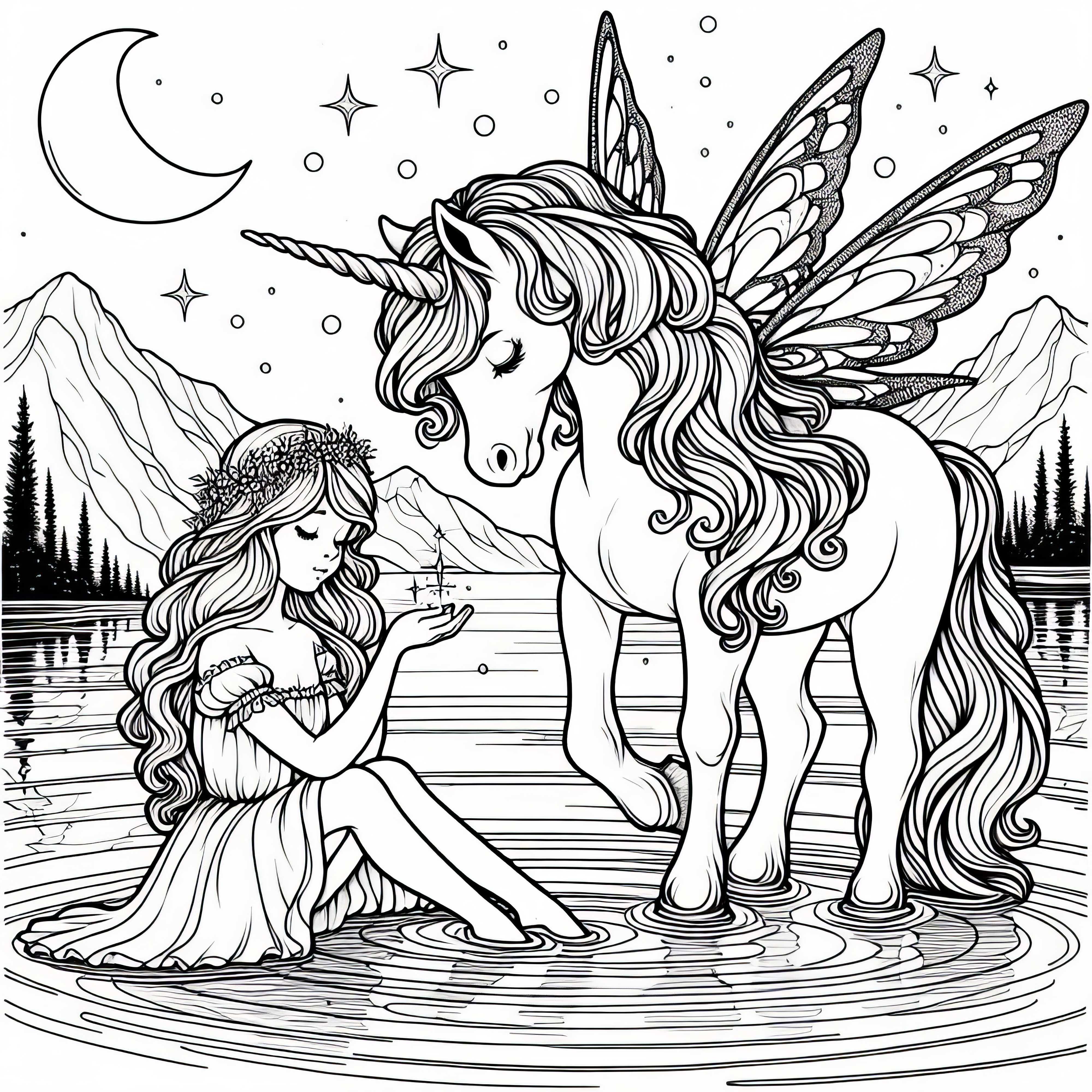Fee è seduta sulla riva di un lago misterioso con un unicorno: Modello da colorare gratuito
