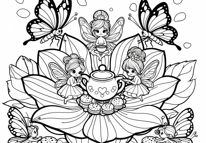 Le fate festeggiano un tè in un fiore con le farfalle: Immagine da colorare da scaricare (Gratis) Fate delle fate celebrano un tè in un fiore con farfalle: Disegno da colorare da scaricare (Gratuito)