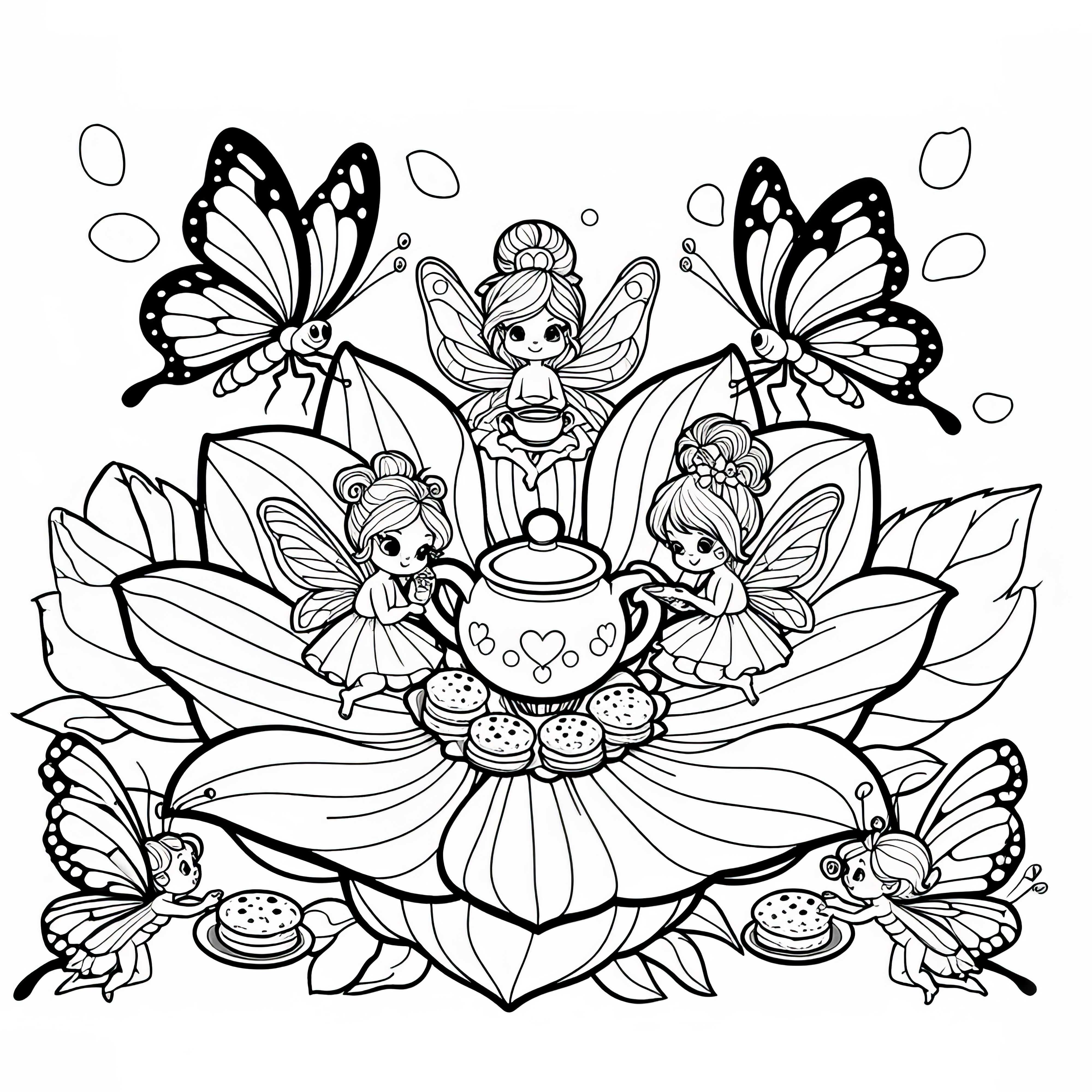 Fate delle fate che celebrano un tea party in un fiore con le farfalle: Disegno da colorare da scaricare (Gratuito)
