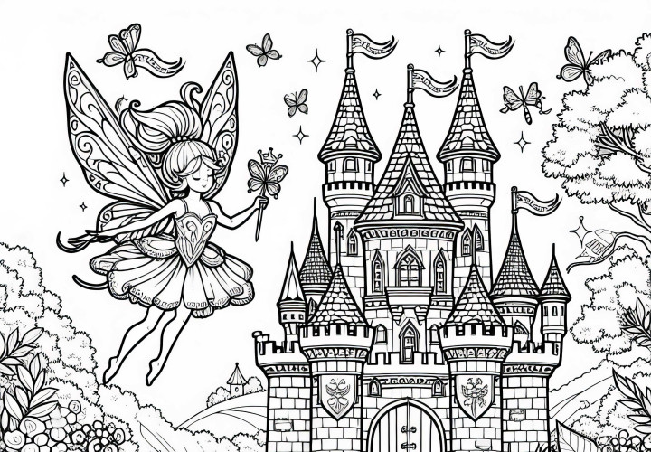 Fata vola sopra un magnifico castello con torri, bandierine e un giardino fiorito: Disegno da colorare da scaricare (Gratis) La fata vola sopra un maestoso castello con torri, pennoni e un giardino fiorito: Disegno da colorare da scaricare (Gratis)